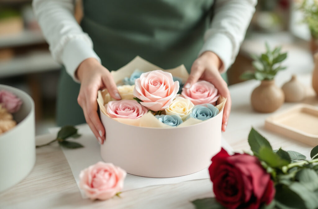 Mains disposant une tête de rose stabilisée rose pâle dans une boîte ronde garnie de papier crème