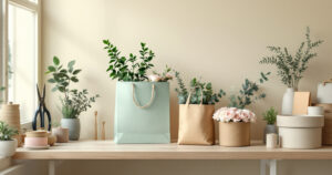Sac cadeau vert sauge, sac kraft garni de verdure et boîtes rondes fleuries sur un comptoir de fleuriste