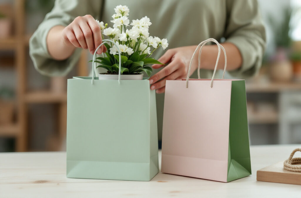 Mains déposant un petit pot fleuri dans un sac carton vert sauge à anses, à côté d'un sac kraft à cordelière