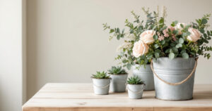 Seaux en zinc naturel de plusieurs tailles garnis de plantes grasses et d'un bouquet champêtre rose et crème