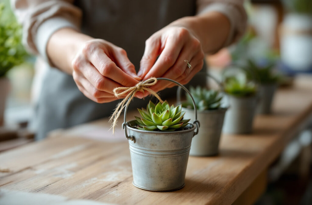 Mains nouant du raphia sur l'anse d'un mini seau en zinc garni d'une plante grasse