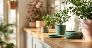Soucoupes rondes vert sapin de plusieurs diamètres sous des plantes en pot sur un comptoir de boutique