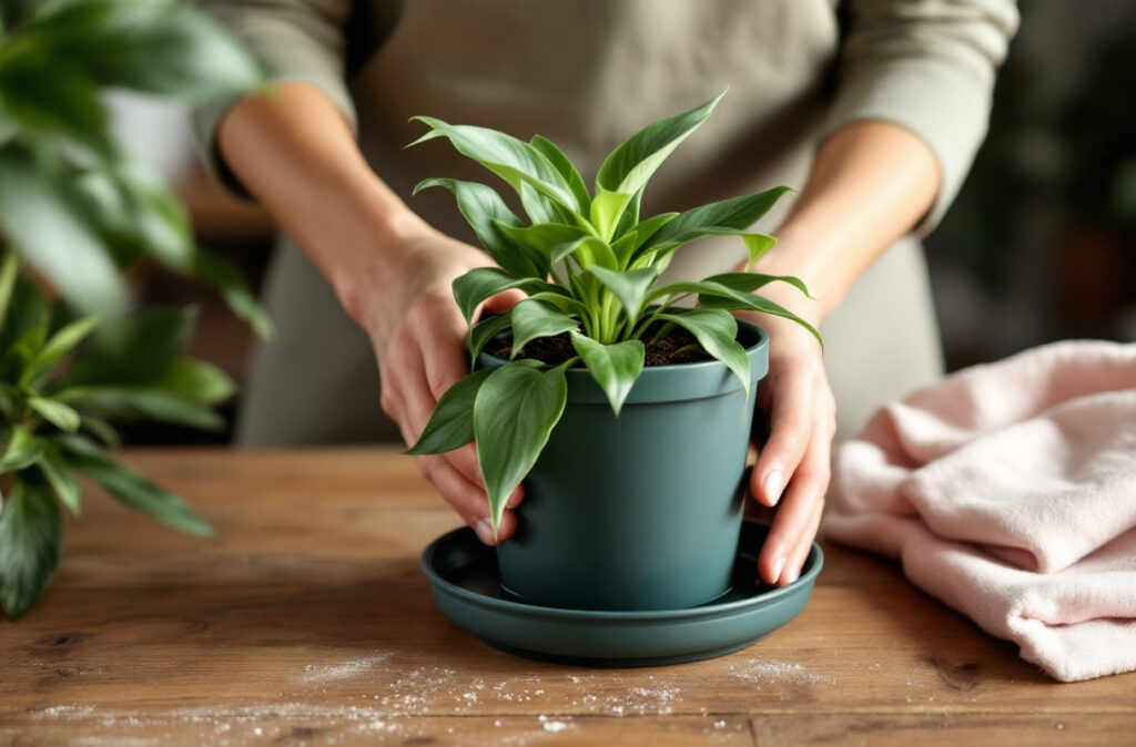 Mains soulevant une plante en pot égouttée de sa soucoupe vert sapin sur un comptoir en bois