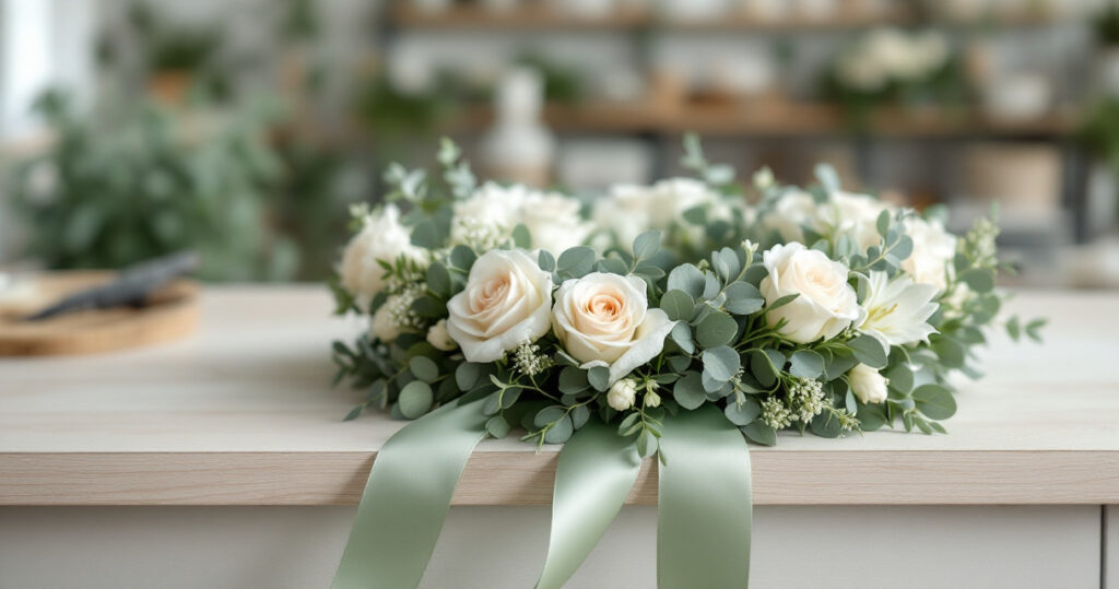 Couronne de roses blanches et d’eucalyptus avec un ruban de deuil vert sauge sur un établi de fleuriste