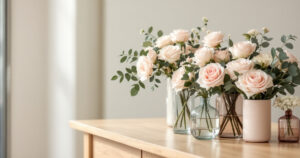 Vases en verre transparent, verre rose poudré et verre habillé de feutrine garnis de roses et d'eucalyptus