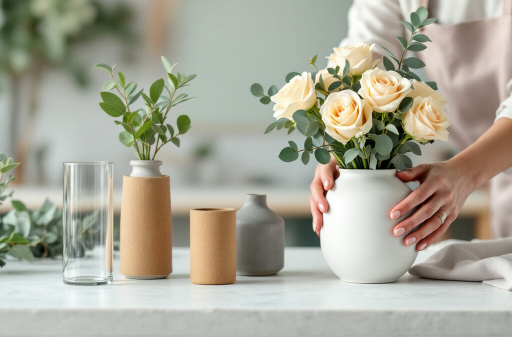 Mains glissant des roses crème dans un vase en céramique blanche, à côté de vases en verre, feutrine et zinc