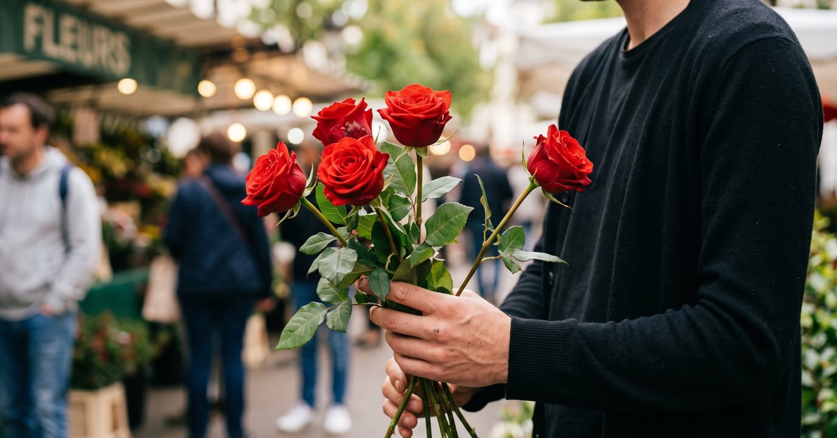 Cinq roses rouges épanouies en bouquet symbolisant la déclaration d'amour et la signification des 5 roses