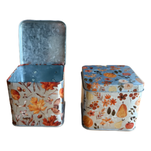 Boîtes carrées en zinc à couvercle imprimées de feuilles et fruits d'automne, contenant de fleuriste