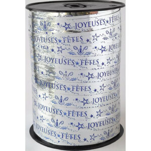 Bobine de bolduc argenté imprimé Joyeuses Fêtes en bleu pour paquets cadeaux de Noël de fleuriste