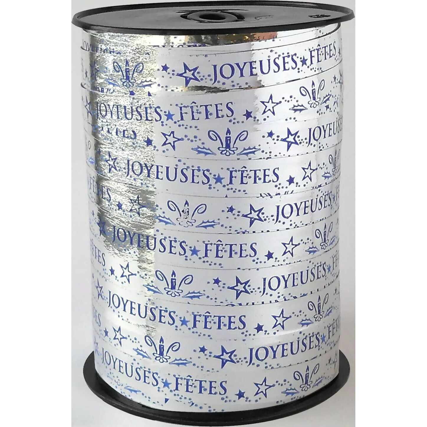 Bobine de bolduc argenté imprimé Joyeuses Fêtes en bleu pour paquets cadeaux de Noël de fleuriste