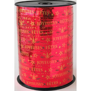 Bobine de bolduc rouge imprimé Joyeuses Fêtes en doré pour paquets cadeaux de Noël de fleuriste