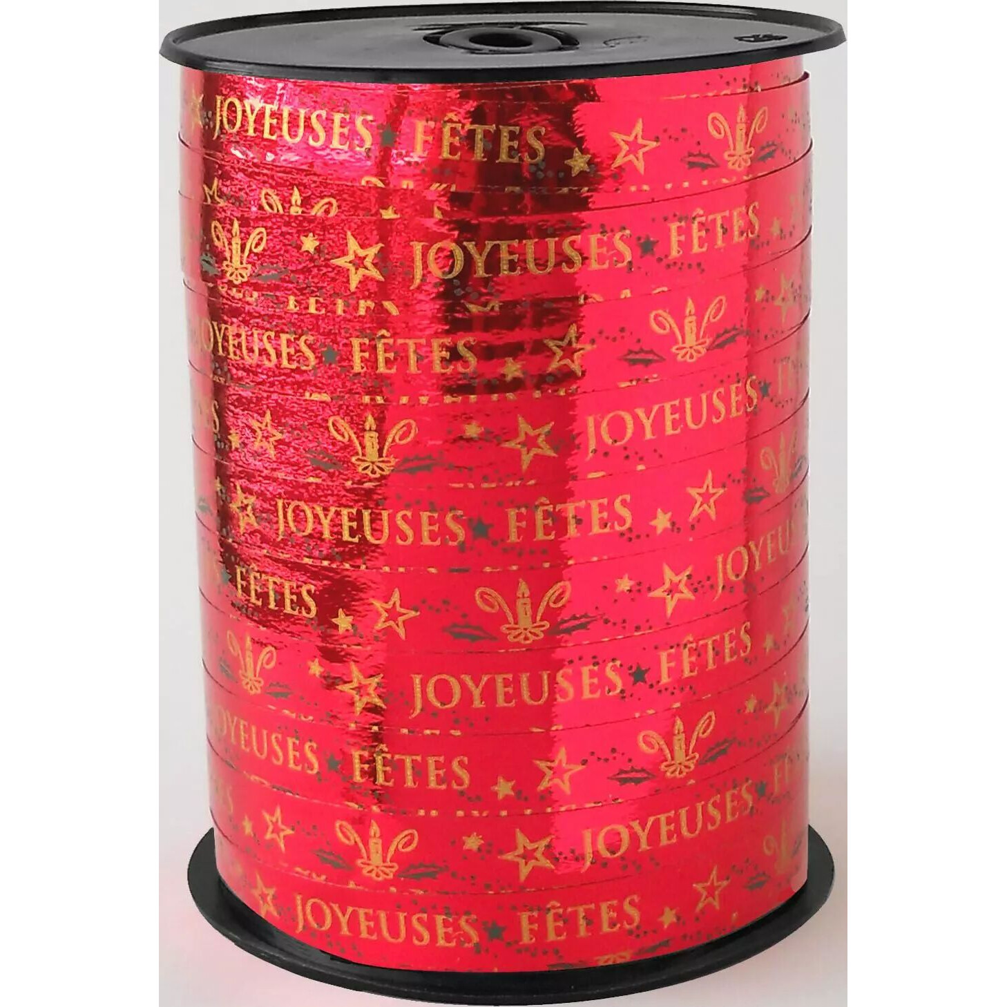 Bobine de bolduc rouge imprimé Joyeuses Fêtes en doré pour paquets cadeaux de Noël de fleuriste