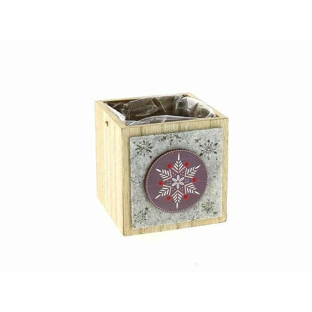 Petit cache-pot carré en bois à panneau gris et médaillon flocon de neige pour mini plante de Noël