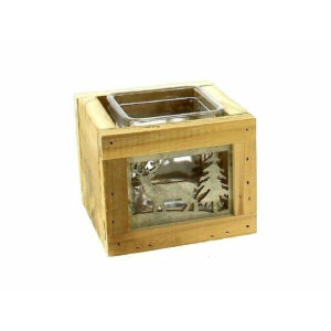 Cache-pot en bois naturel à décor découpé de cerf et de sapin avec verrerie pour composition de Noël de fleuriste