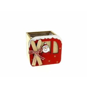 Cache-pot carré en bois rouge avec Père Noël à la fenêtre et skis pour mini plante de Noël