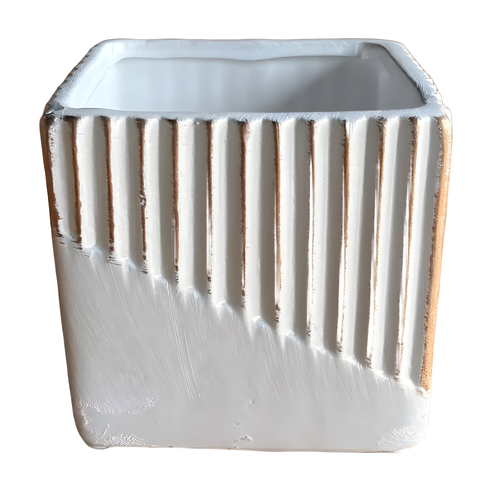 Petit cache-pot carré en céramique blanche à cannelures et rehauts dorés pour plantes grasses de fleuriste