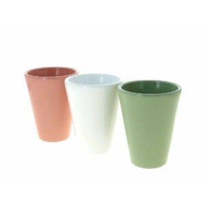Cache-pots coniques en céramique rose, blanc et vert sauge pour pots de muguet du 1er mai chez le fleuriste