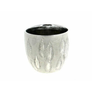 Cache-pot arrondi en céramique argentée à feuilles en relief pour compositions de mariage de fleuriste