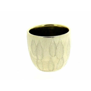 Cache-pot arrondi en céramique champagne sablée à feuilles en relief pour compositions de fleuriste