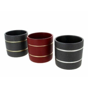 Trois cache-pots ronds en céramique noir et bordeaux à filets dorés et argentés pour fleuriste
