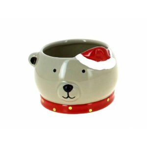 Cache-pot en céramique tête d'ours gris au bonnet de Noël et col rouge à pois pour compositions de fleuriste