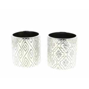 Cache-pots ronds en céramique blanche à motifs argentés en relief, deux décors, pour compositions de fleuriste