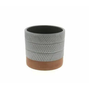 Cache-pot rond en céramique taupe à stries et points en relief sur base terre cuite pour plantes de fleuriste