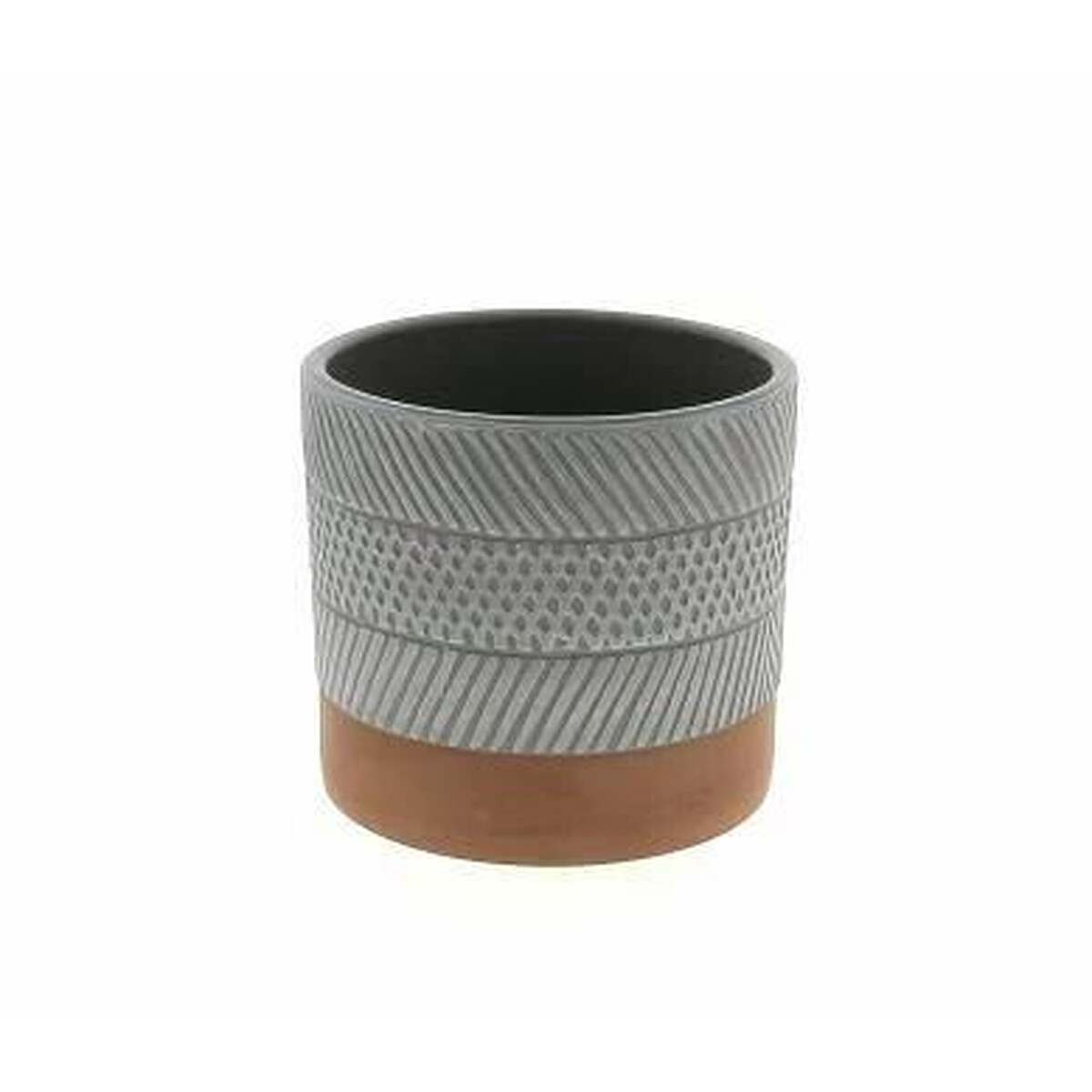 Cache-pot rond en céramique taupe à stries et points en relief sur base terre cuite pour plantes de fleuriste