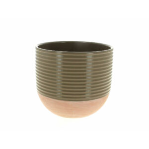 Cache-pot rond en céramique taupe émaillée à stries horizontales et base terre cuite pour plantes de fleuriste