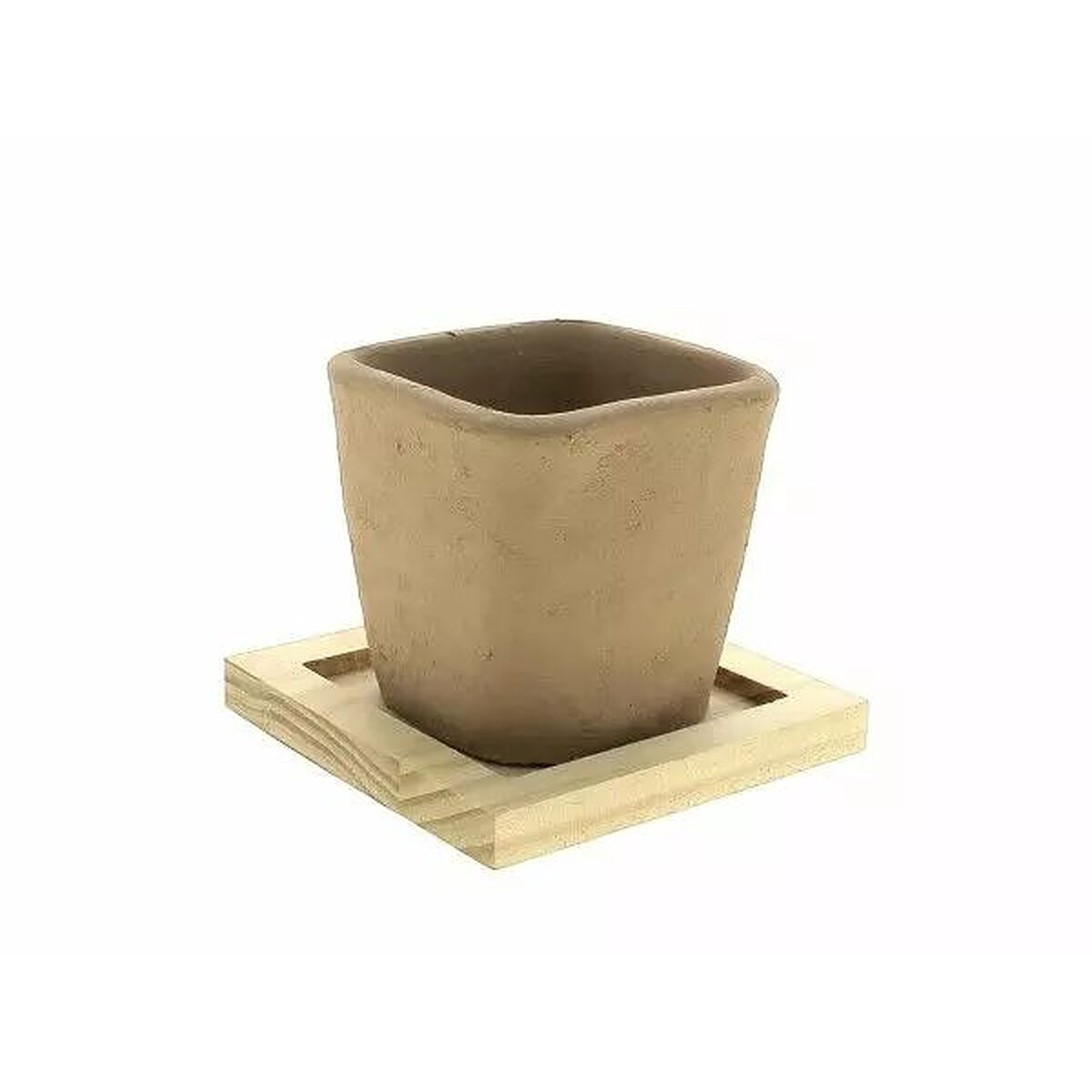 Cache-pot carré en terre cuite brute sur base en bois clair pour plantes grasses de fleuriste