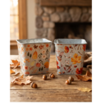 Cache-pots carrés en zinc imprimés de feuilles d'érable et de fruits d'automne pour plantes de saison de fleuriste