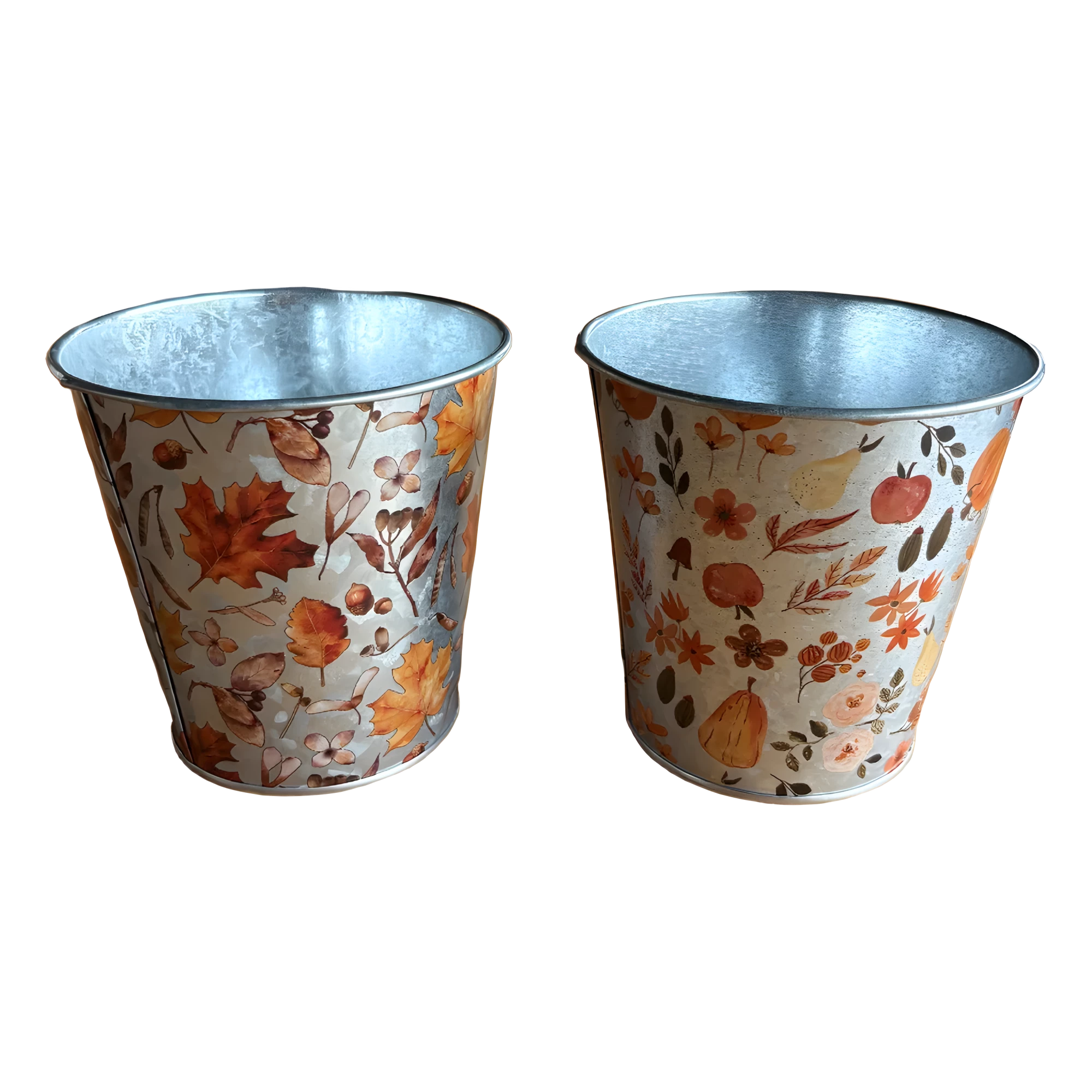 Cache-pots ronds en zinc imprimés de feuilles d'érable et de fruits d'automne pour plantes de saison de fleuriste, vue 2