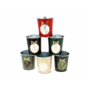 Mini cache-pots ronds en zinc décorés d'une boule de Noël à nœud doré en six coloris pour fleuriste