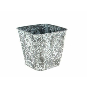 Cache-pot carré en zinc blanchi embossé de poinsettias et de houx pour compositions de Noël de fleuriste