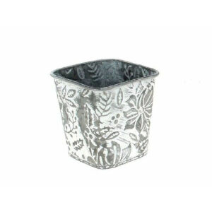 Petit cache-pot carré en zinc blanchi embossé de poinsettias et de houx pour compositions de fleuriste