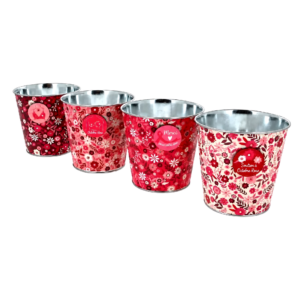 Cache-pots ronds en zinc à fleurettes rose et rouge avec médaillon Octobre Rose pour compositions de fleuriste