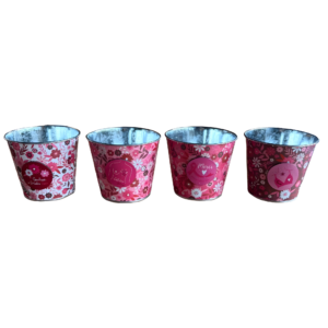 Quatre cache-pots ronds en zinc à fleurettes roses avec médaillon Octobre Rose pour cadeaux solidaires de fleuriste