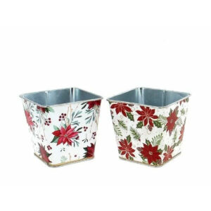 Cache-pots carrés en zinc à fond blanc imprimés de poinsettias rouges pour cadeaux de Noël de fleuriste