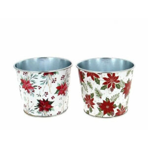 Cache-pots ronds en zinc à fond blanc imprimés de poinsettias rouges pour plantes de Noël de fleuriste