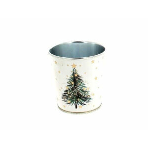Cache-pot rond en zinc blanc décoré d'un sapin de Noël et d'étoiles dorées pour compositions de fleuriste