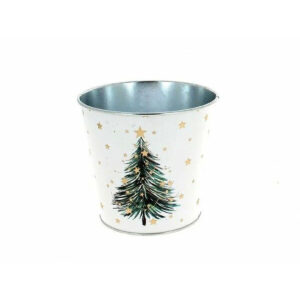 Cache-pot rond en zinc blanc décoré d'un sapin de Noël vert et d'étoiles dorées pour compositions de fleuriste