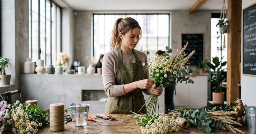 Fleuriste travaillant avec des fleurs de camomille fraîches dans un atelier de fleuristerie moderne