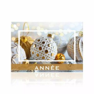 Carte Bonne année à photo de boules blanches et dorées avec bandeau doré pour compositions de fleuriste