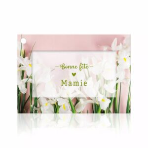 Carte Bonne fête Mamie à photo d'iris blancs sur fond rose pour bouquet de fête des grands-mères