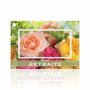 Carte Bonne retraite à photo de roses pêche, fuchsia et jaunes avec bandeau vert pour bouquet de départ
