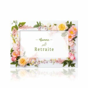 Carte Bonne retraite bordée de roses pêche et fleurs roses pour bouquet de départ en retraite