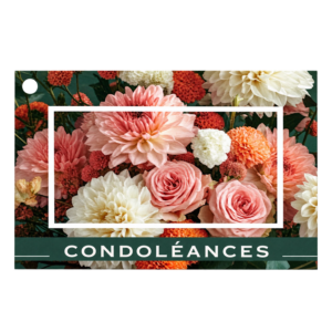 Carte de deuil brillante illustrée de dahlias, roses et chrysanthèmes pour gerbe de fleuriste