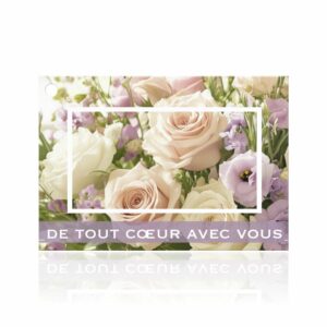 Carte De tout cœur avec vous à photo de roses crème et bandeau mauve pour fleurs de soutien ou de deuil