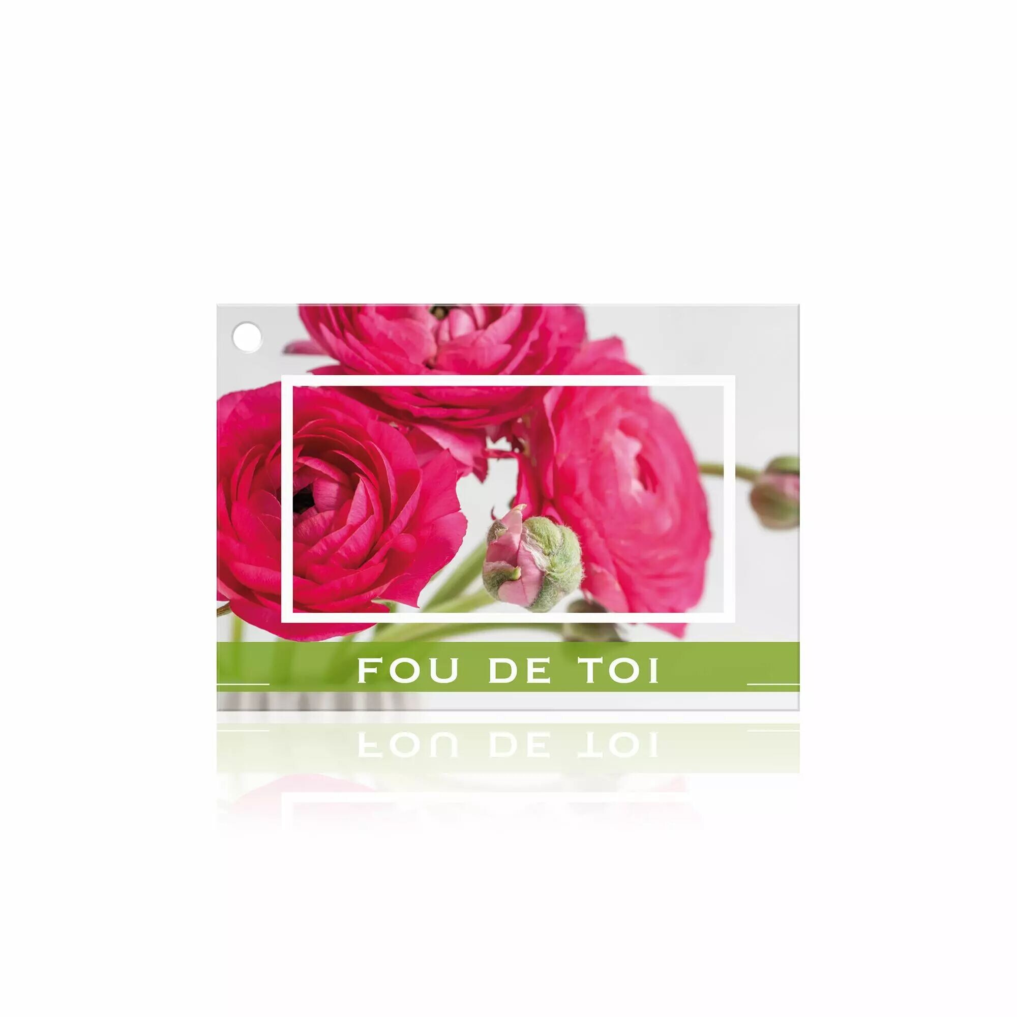 Carte Fou de toi à photo de renoncules fuchsia et bandeau vert pour bouquet de Saint-Valentin