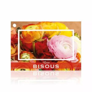 Carte Gros bisous à photo de renoncules multicolores et bandeau rouge pour bouquet de fleuriste